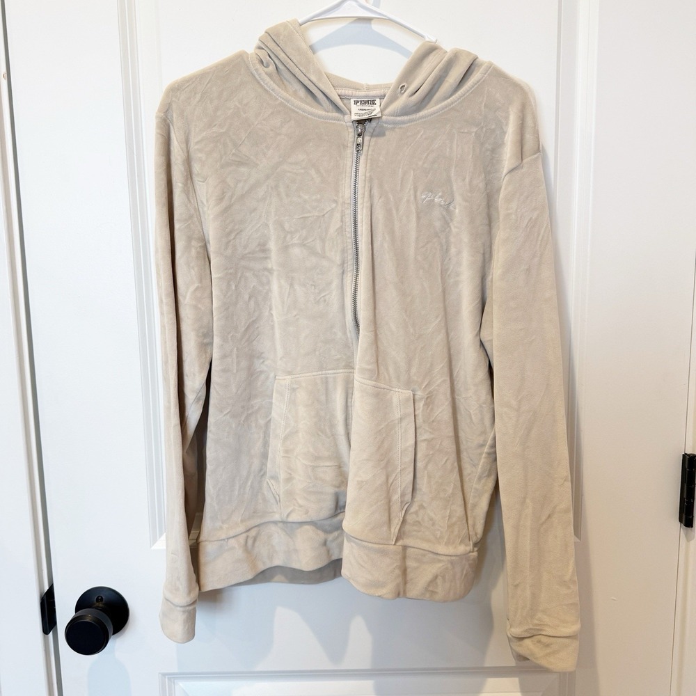 Victoria's Secret Velour Zip Hoodie Size Large Y2K Spell Out Beige Tracksuit